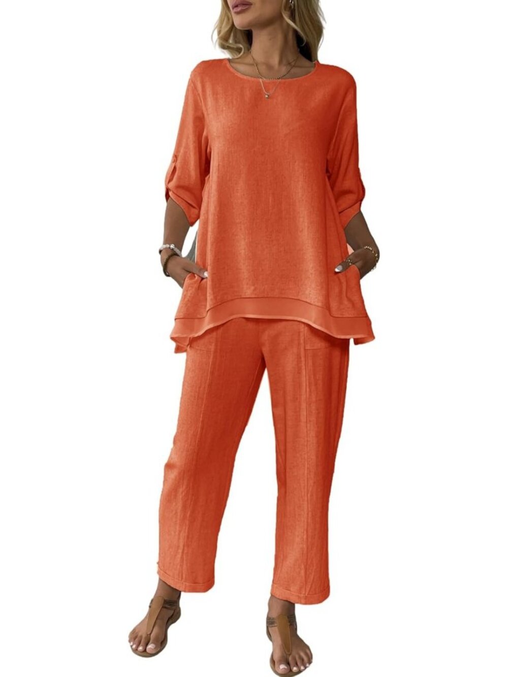 Stylish Women's Summer Linen 2-Piece Outfit with Rolled Sleeve Top & Wide Leg